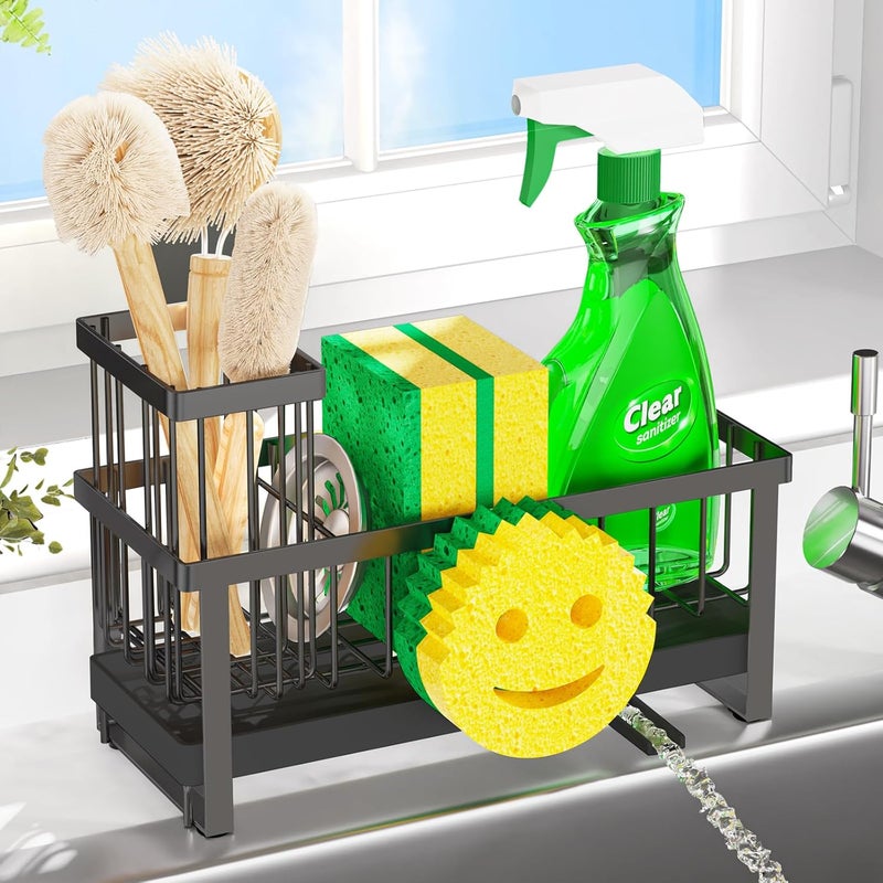 Taugast Sponge Holder for Kitchen Sink,Sink Caddy with Removable Dish Brush Holder,Self-Draining Kitchen Countertop Organizers and Storage Essentials,Soap Dispenser Organize and Home Decor-Black - Image 1